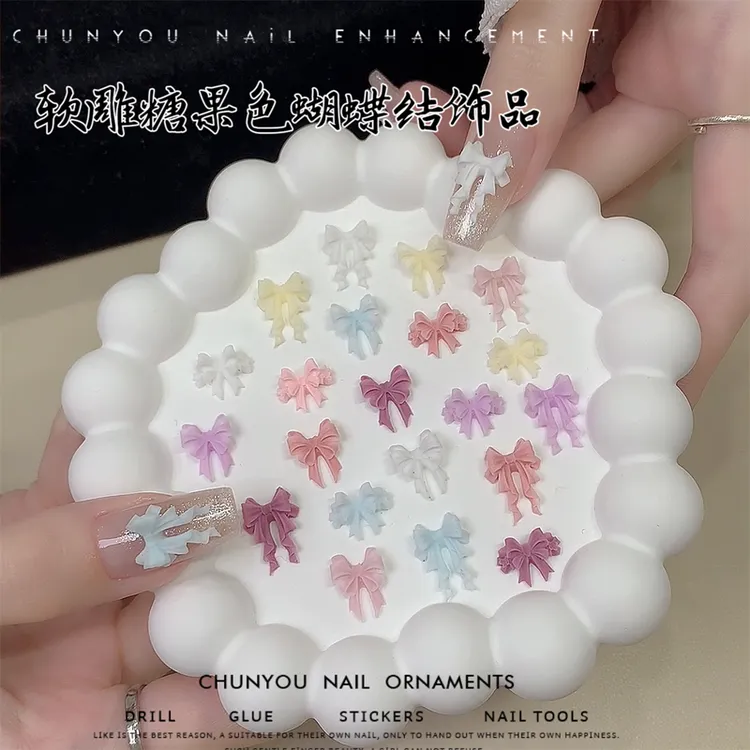 新款糖果色软雕蝴蝶结美甲饰品可爱马卡龙飘带领结蝴蝶结DIY饰品