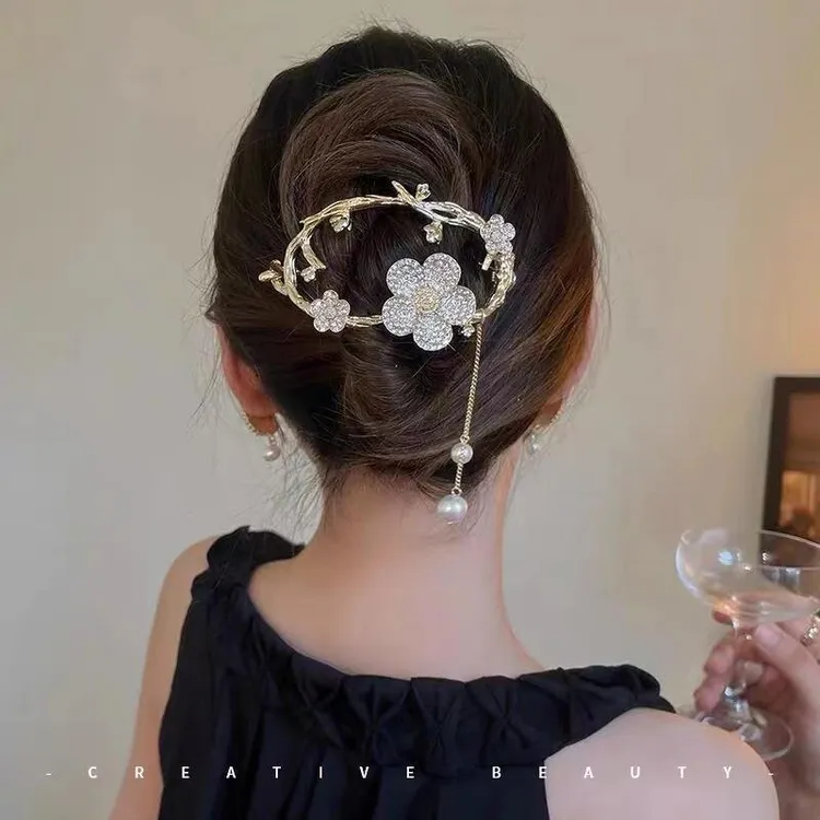 古风花环流苏珍珠发夹女后脑勺盘发抓夹高级感扭扭夹发卡夏季新款