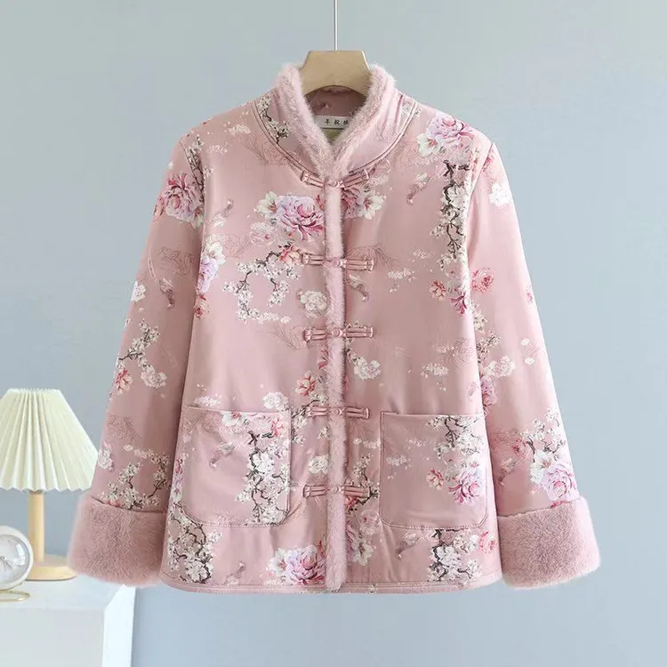 【加厚款】女款新中式国风盘扣加绒加厚立领花棉袄#24026