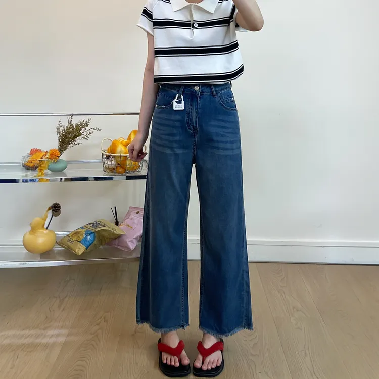 复古蓝直筒阔腿牛仔裤女款爆款2025夏季新款高腰宽松显瘦毛边裤子
