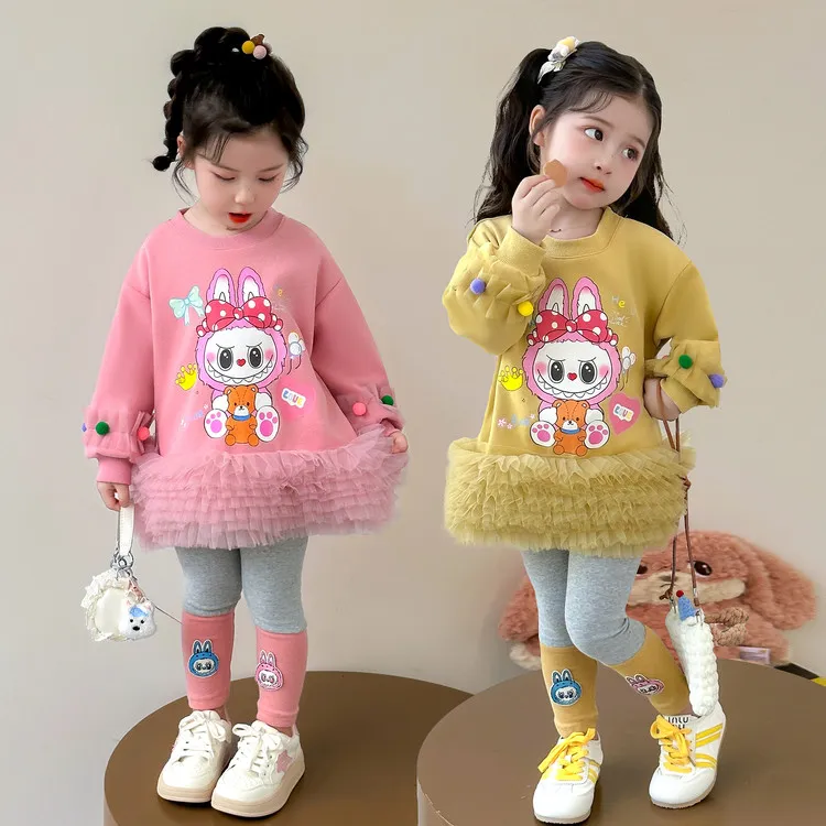 女童套装卡通labubu卫衣裙打底裤春秋季2025新款儿童蛋糕公主裙子