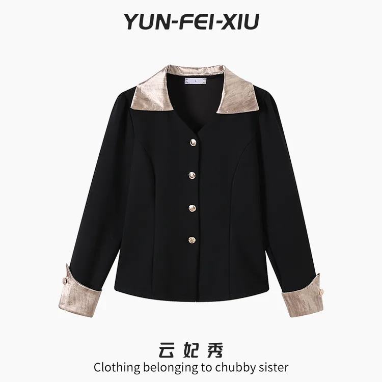 云妃秀大码女装洋气高级感v领衬衫女新款夏法式长袖外穿上衣9766