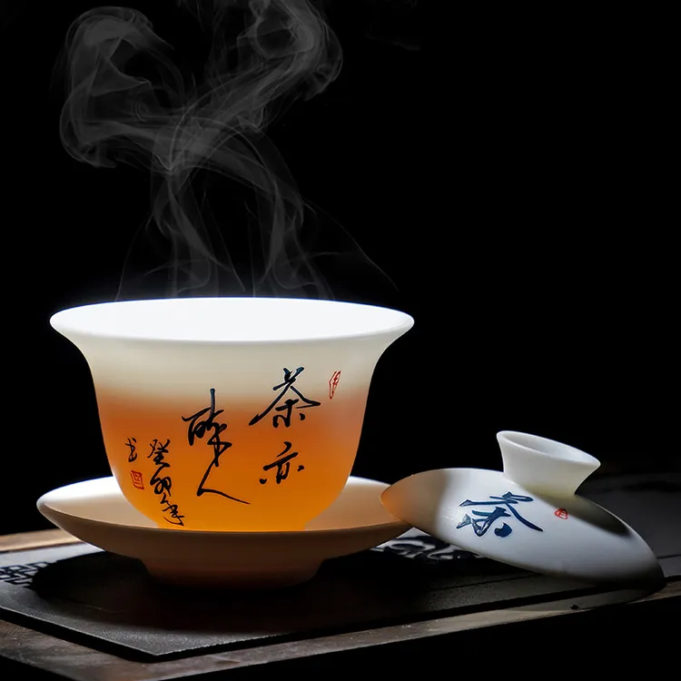 羊脂玉素烧三才盖碗茶杯德化白瓷单个高档茶具套装功夫碗带盖陶瓷