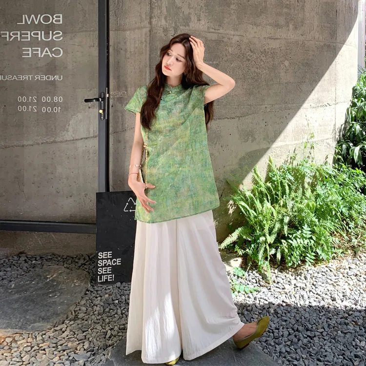 复古国风印花旗袍式上衣阔腿裙裤2025夏季新款新中式唐装茶服套装