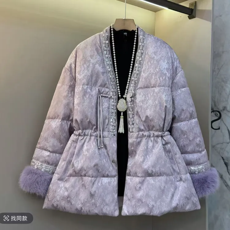 胖胖家*15119新款国风收腰V领袖口毛毛可以拆卸新中式棉服