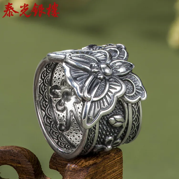 泰光银楼 足银戒指 阿海设计足银蝶恋花复古梅花蝴蝶戒指民族风