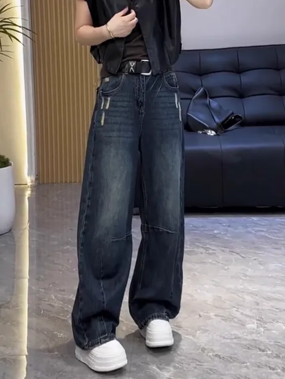 高腰设计感复古牛仔裤女2025秋季新款胖mm宽松显瘦洋气拖地弯刀裤