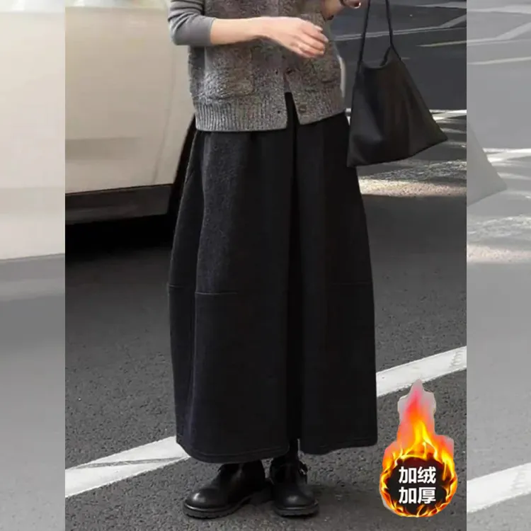 【毛呢花苞裙】2025简约毛呢拼接A字裙女秋冬新款松紧遮垮显瘦伞裙