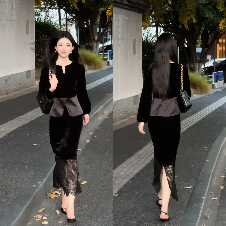 秋季新款多巴胺服装女装两件套高级感收腰上衣气质蕾丝半身裙套装