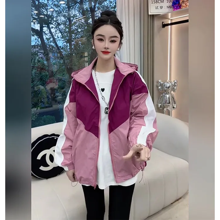 大码300斤外套女胖mm显瘦不臃肿拼色夏季宽松连帽拉链休闲防晒衣