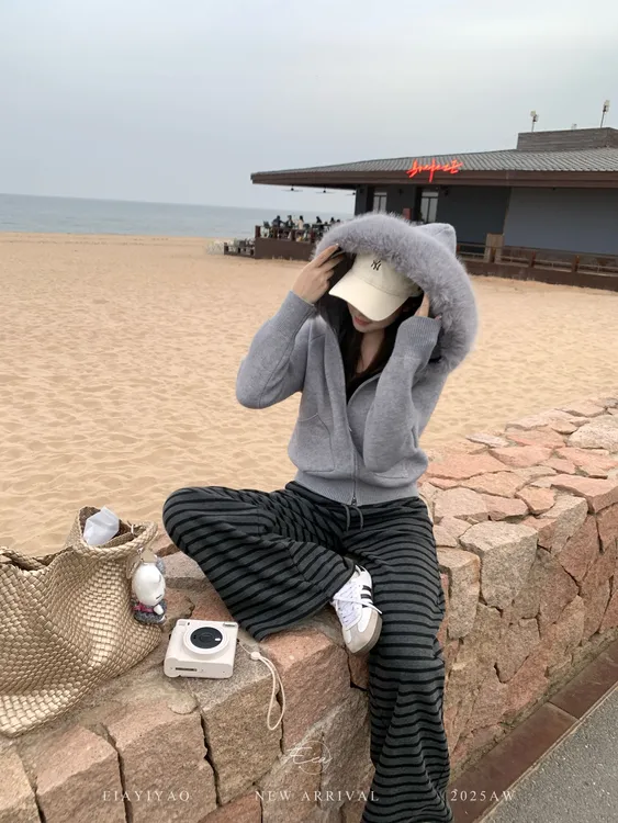 EIA一尧【周末计划】秋冬保暖加绒条纹裤子显瘦舒适休闲显高长裤ins