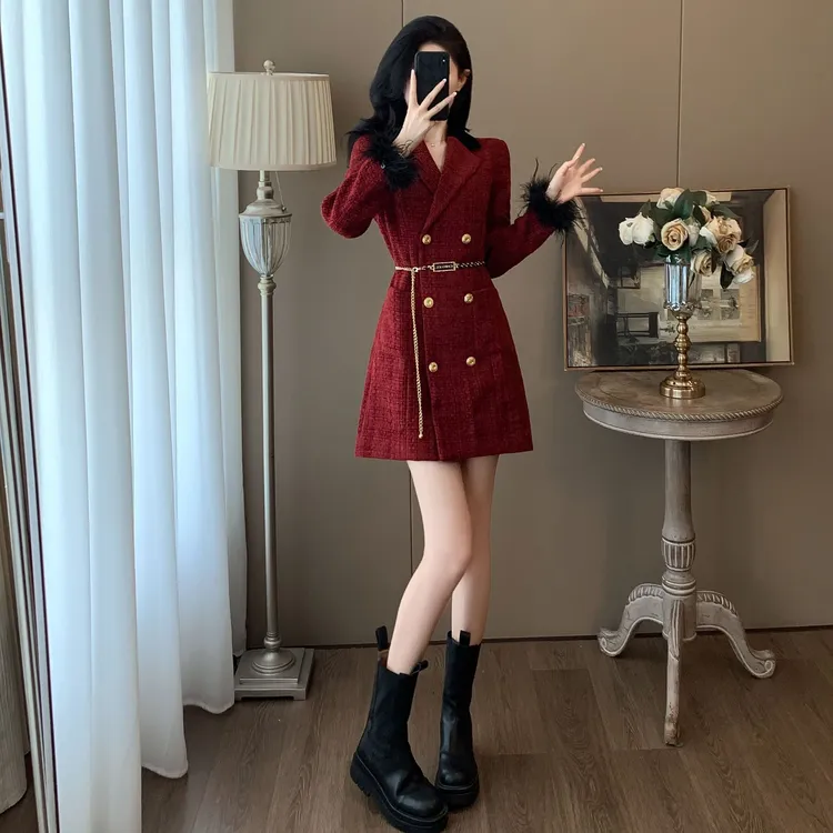 名媛御姐轻熟风裙子设计感气质长袖收腰名媛复古小香风连衣裙女