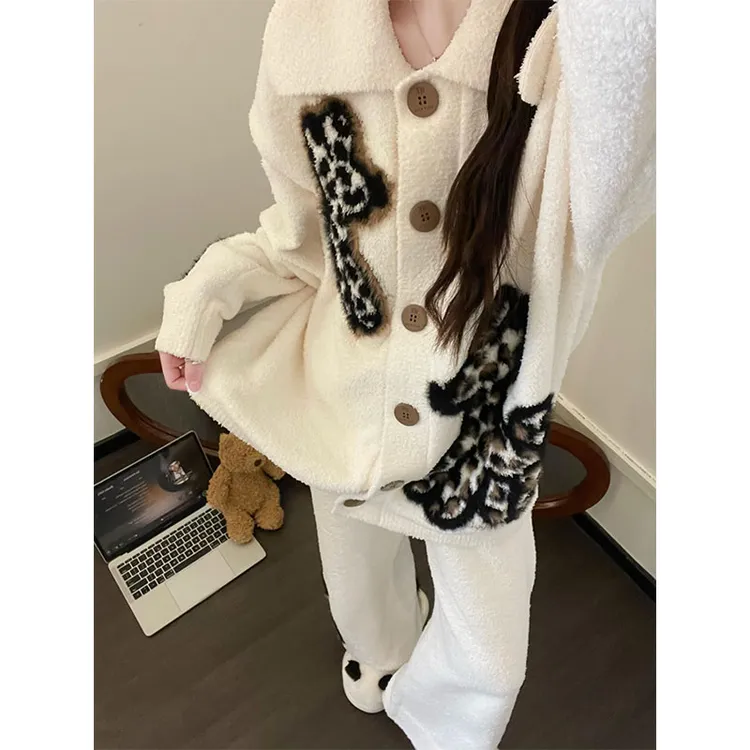 韩版软糯豹纹半边绒睡衣女秋冬季新款宽松针织开衫家居服加厚套装