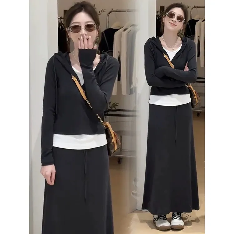 时尚休闲套装裙女2025秋季新款洋减龄假两件连帽卫衣半身裙两件套