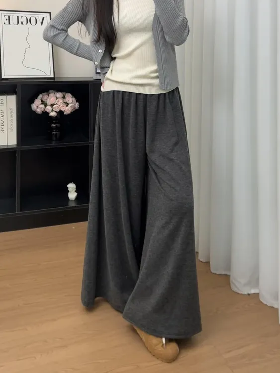 慵懒风垂感糯米阔腿裤女2025秋季新款高腰宽松显瘦灰色直筒休闲裤