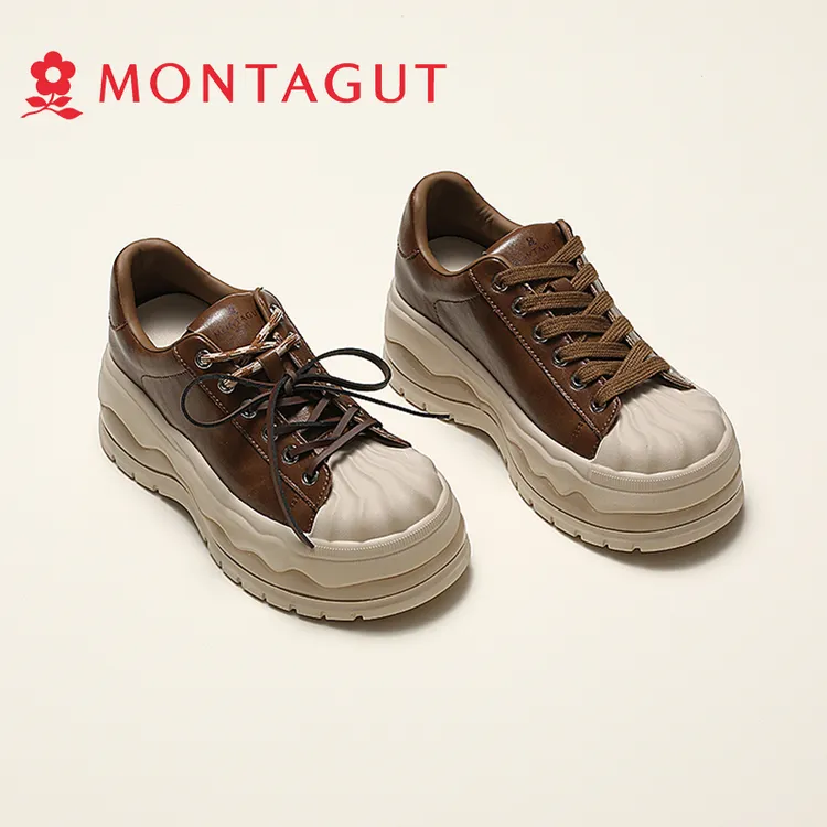 Montagut/梦特娇贝壳头真皮小白鞋女增高厚底轻休闲夏新款板鞋