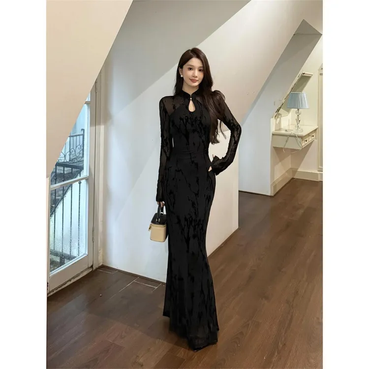 新中式改良旗袍黑色网纱连衣裙女2025秋季新款性感修身包臀长裙