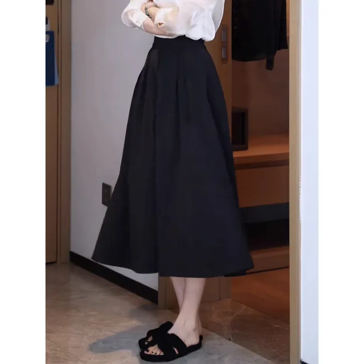 张元一女装同款小个子半身裙女高腰显瘦感百褶裙黑色中长裙子女款