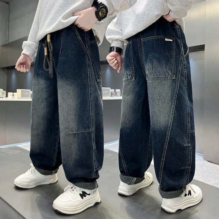 男童裤子2025春秋新中大童潮酷男孩痞帅休闲直筒阔腿裤儿童牛仔裤