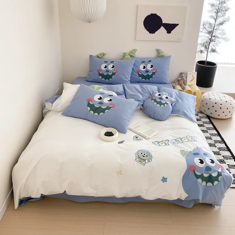 小温暖怪兽毛毛全棉磨毛水洗棉四件套可爱小清新工艺款