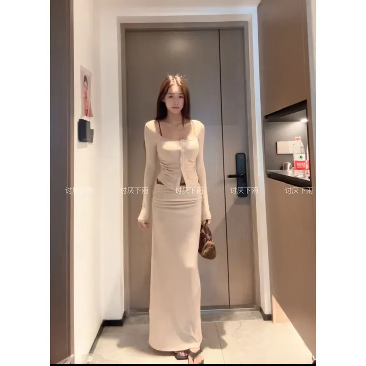 复古秋季套装女拼接针织假两件性感长袖小衫+包臀长裙两件套00621