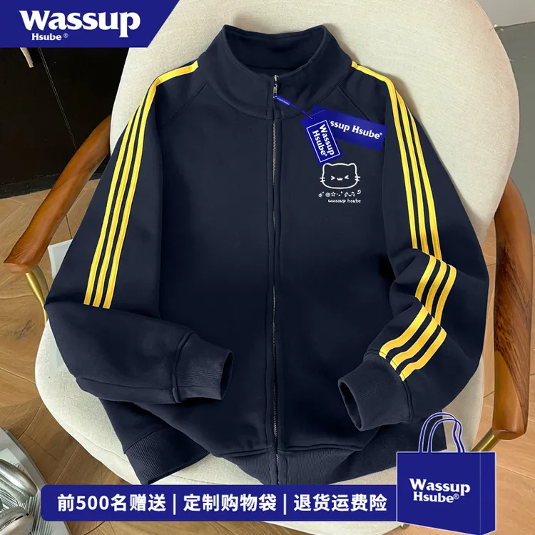 WASSUP HSUBE潮牌小众三条杠立领外套男女秋冬季趣味猫咪印花卫衣