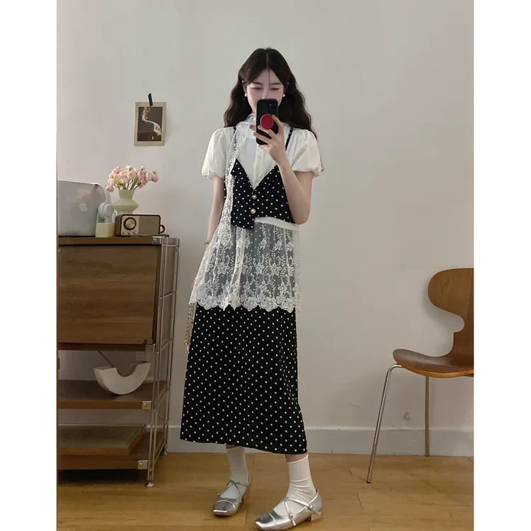 大码夏季新款蕾丝拼接波点假两件短袖衬衫高腰显瘦半身裙两件套装