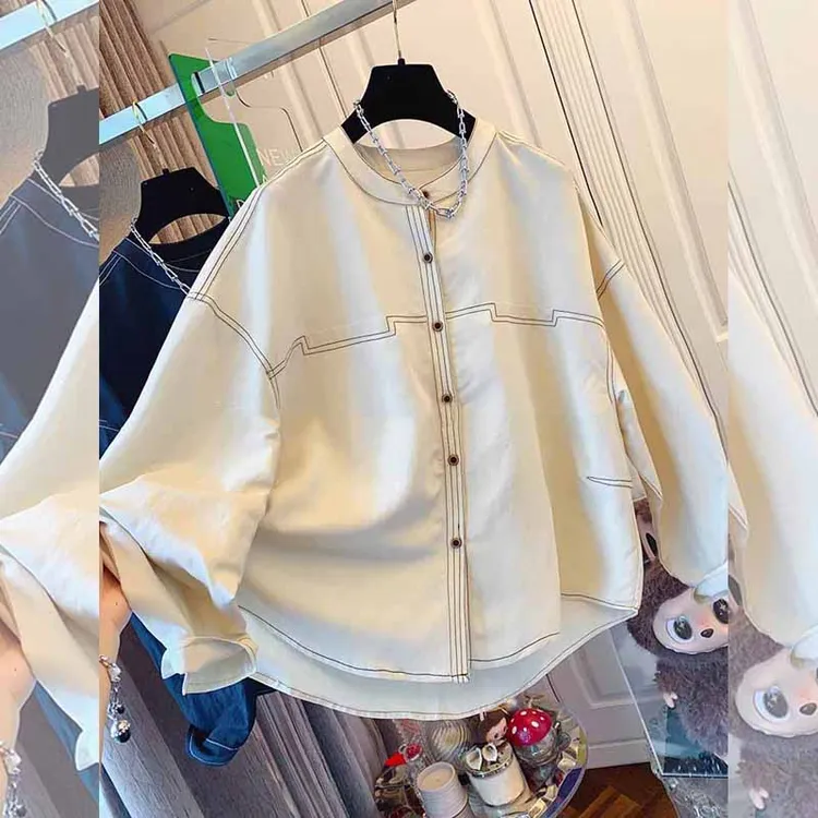春秋季新品明线装饰宽松拼接大码圆领衬衫女高级感ins风百搭长袖