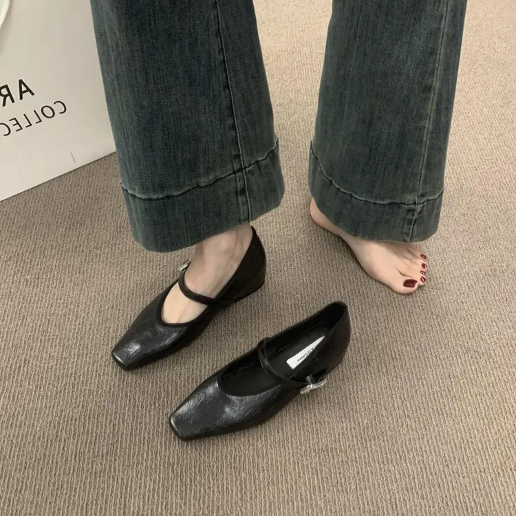 时髦气质内一字扣带方头玛丽珍鞋温柔晚风百搭洋气坡跟单鞋女