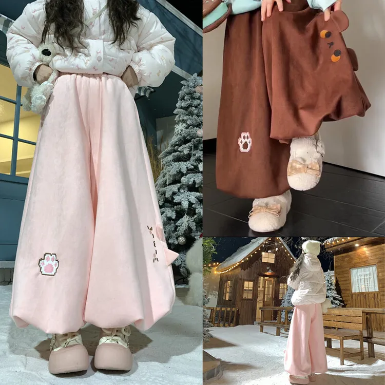 小猫耳朵加绒灯笼裤武士裤宽松加厚高腰阔腿裤小个子花苞阔腿裤