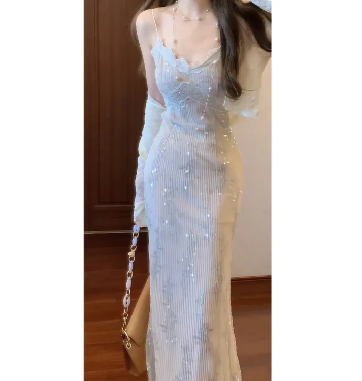 亮片蕾丝V领修身吊带连衣裙纯欲气质包臀长裙&防晒空调开衫2025