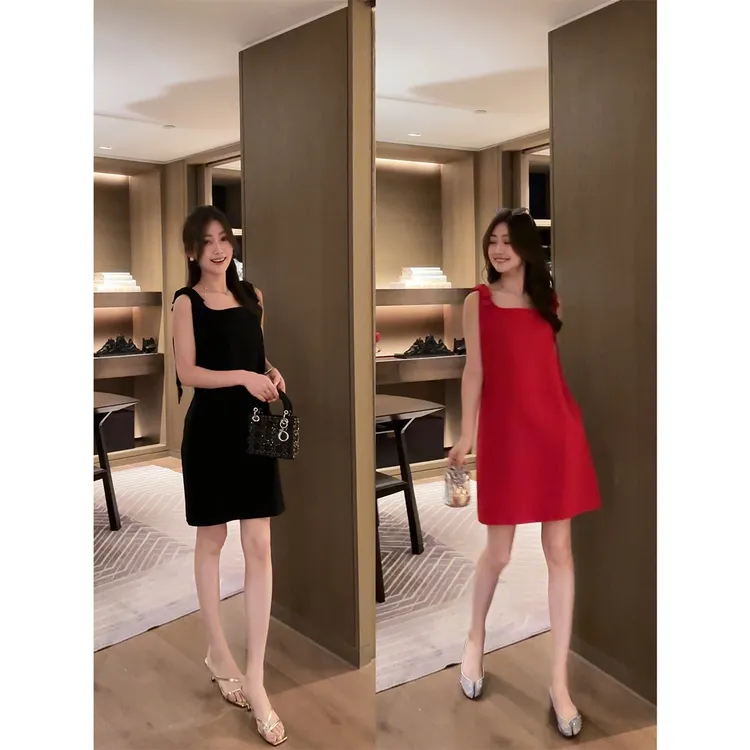 W·HAHA【黑红桃心】法式蝴蝶结饰直筒醋酸连衣裙52321