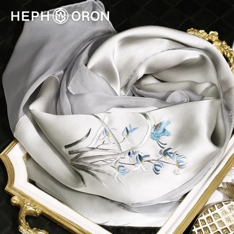 HEPHSORON苏绣丝巾礼盒送妈妈灰色拼纱百搭高级桑蚕丝真丝围巾