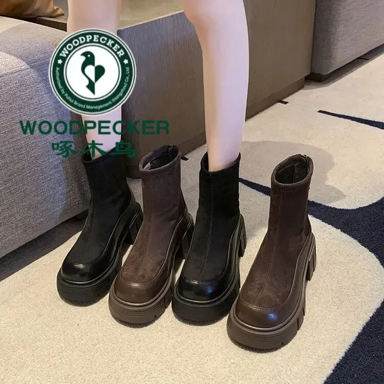 啄木鸟韩版厚底透气秋冬马丁靴英伦风粗跟瘦瘦靴中筒显瘦时尚女靴