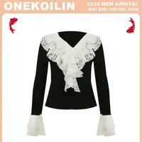 OneKoilin“法式黑天鹅”气质优雅重磅大板蕾丝拼接羽毛上衣 FSHTE