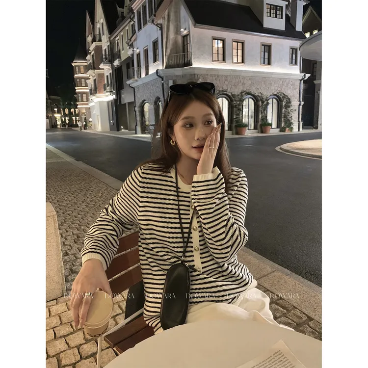 大婉酱微胖定制【简调条纹】小众长袖毛织衫秋季宽松百搭上衣 9757D