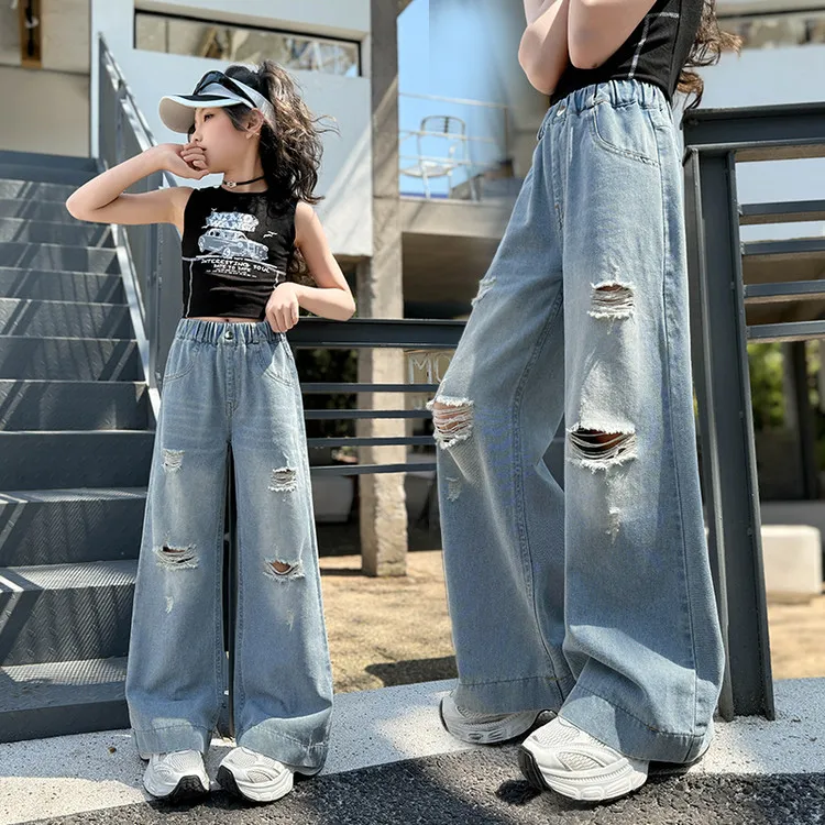 女童阔腿牛仔裤2025夏季新款儿童薄款春夏装大童直筒冰丝裤子宽松
