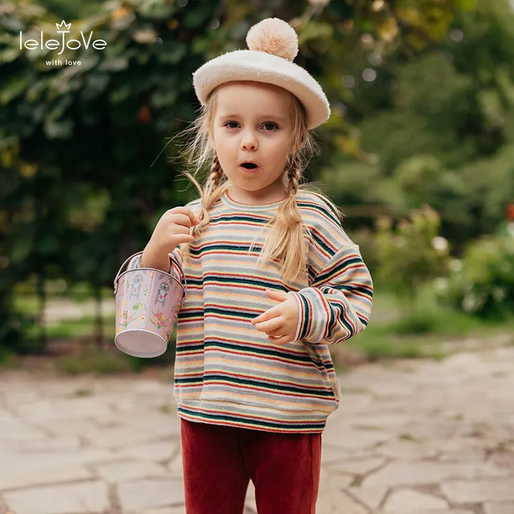 lelejove秋季儿童撞色条纹毛巾棉卫衣女宝吸湿排汗长袖5AW36300