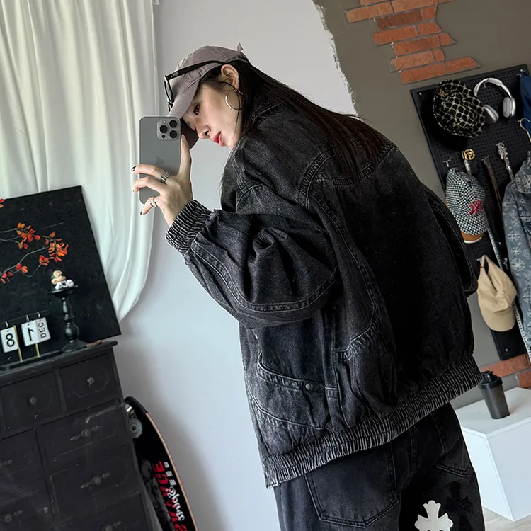 设计师潮奢机车结构拼接重磅牛仔夹克拉链重工外套美式水洗做旧衣