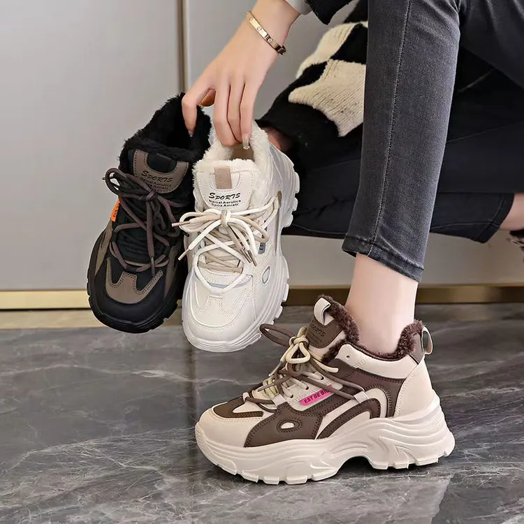 厚底加绒保暖增高皮面老爹鞋运动鞋韩版棉鞋鞋子高帮新款老爹鞋女