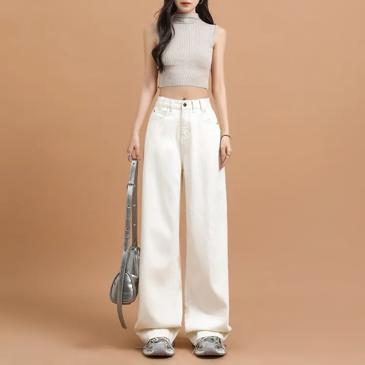 HYS/2025春夏新品＆轻奢高端奶浅杏超柔莱赛尔设计感拖地牛仔裤女