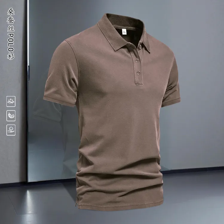 轻奢polo衫桑蚕丝男士上衣商务t恤翻领短袖T恤半袖菠萝衫纯色衬衫