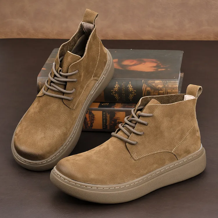 秋冬新款真皮马丁靴厚底加绒保暖系带男士高帮复古头层牛皮靴子