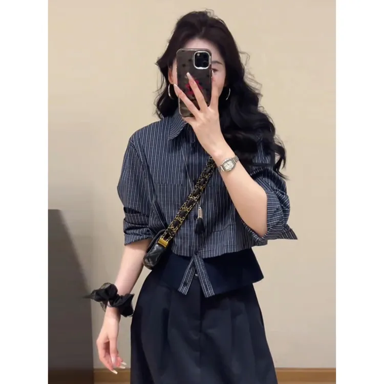 【秋日手稿】Polo领长袖格子衬衫2025新款早秋设计感拼接假两件上衣