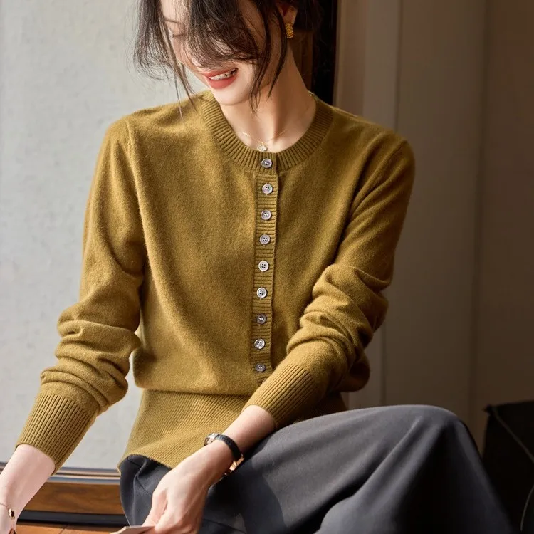 春秋新款毛衣女开衫100%山羊绒针织打底开衫外套