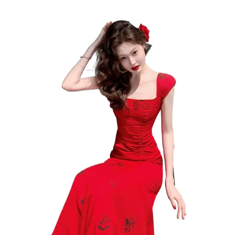 鱼尾茶歇法式复古红色方领背心吊带裙女度假连衣裙