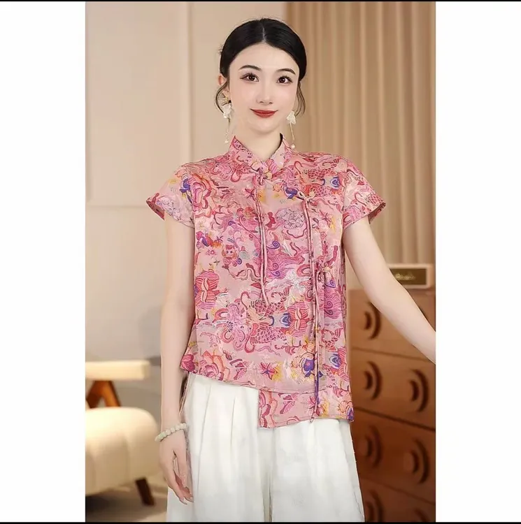 夏季新中式国风短袖衬衫女时尚洋气气质显瘦复古宽松上衣女百搭潮
