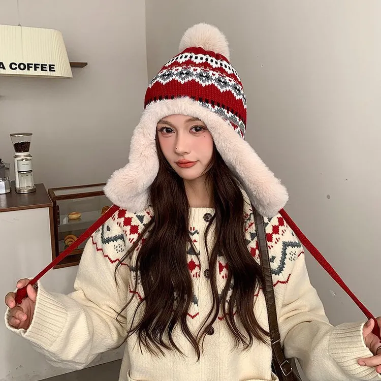 东北帽子女冬季加绒加厚保暖毛线帽户外出游显脸小护耳防寒帽