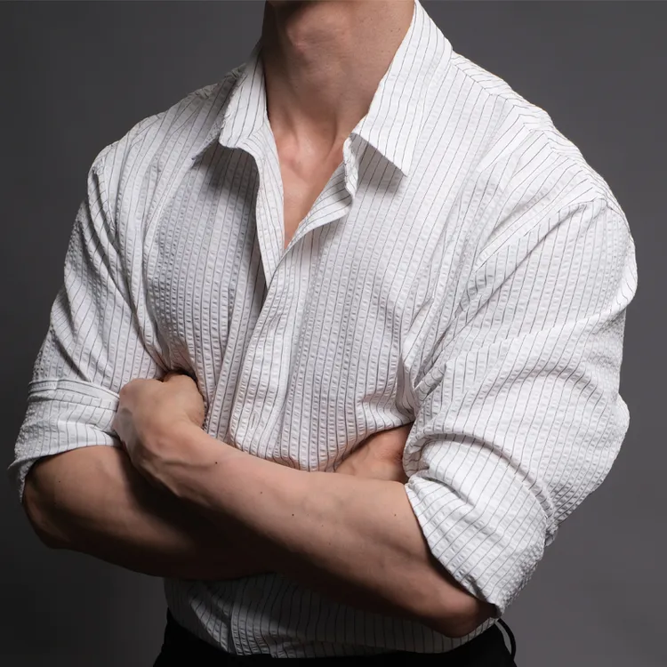 BDPOWERUP夏季老钱风条纹白色男士长袖衬衫人夫感黑色衬衣流光风