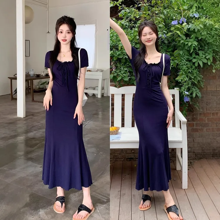 法式蓝色方领短袖连衣裙修身显瘦包臀鱼尾裙夏季女装